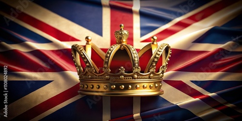 Golden Crown on Union Jack 3D Render, Royal Concept, British Symbolism British Crown, Monarchy
