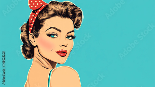 Vintage pin-up illustration featuring a playful woman winking against a vibrant blue background evoking 1950s charm and style