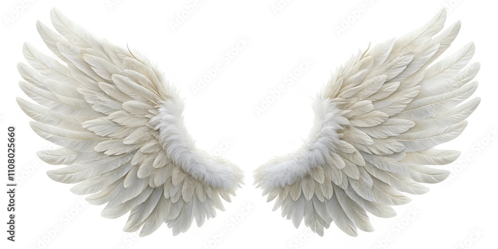 Fototapeta premium Cream Angel Wings Symmetrical Feather Composition, White Background, Freedom Concept Angel wings, feather, white, symmetry