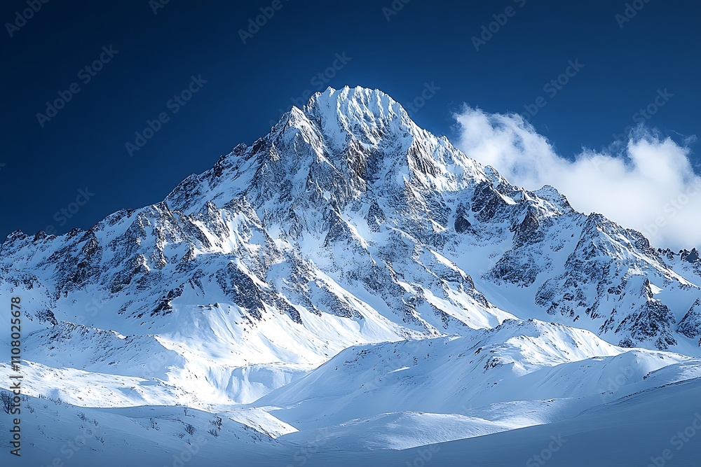 Obraz premium A snow-capped mountain peak rises majestically against a deep blue sky.