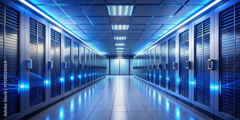 Fototapeta premium Blue-Lit Server Room Corridor Digital Rendering, Data Center, Technology, Server Racks Data Center, Cloud Computing