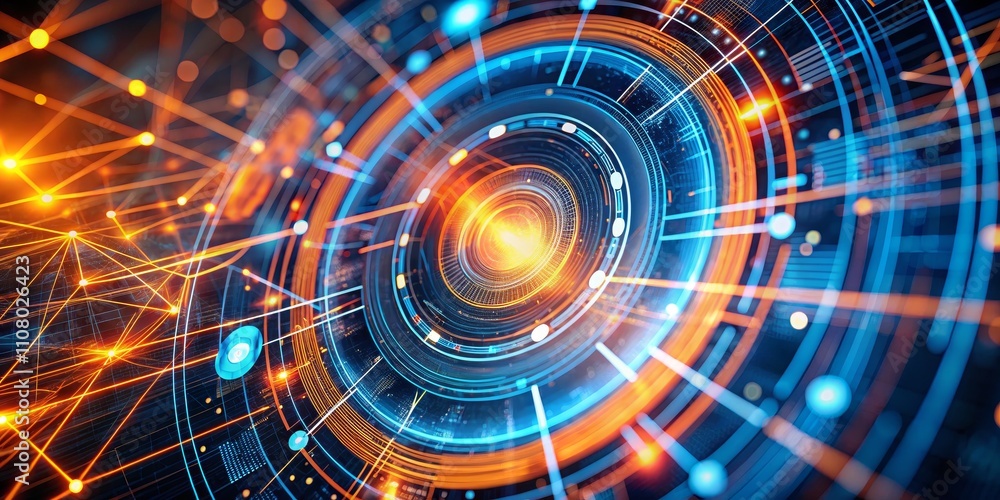 Obraz premium Abstract Digital Network Circular Composition, Blue and Orange Hues, Technology Concept, Network, Digital Digital art, Abstract background