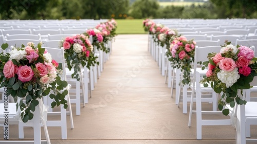 Beautiful wedding ceremony setup with floral arrangements on white chairs and a scenic outdoor background.
