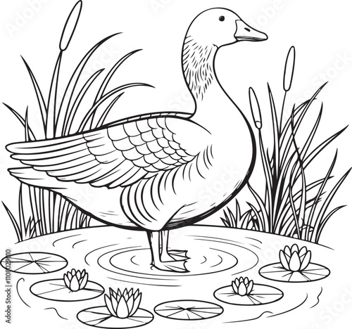 A black and white vector illustration of a goose in the clean line style, a duck vector illustration photo