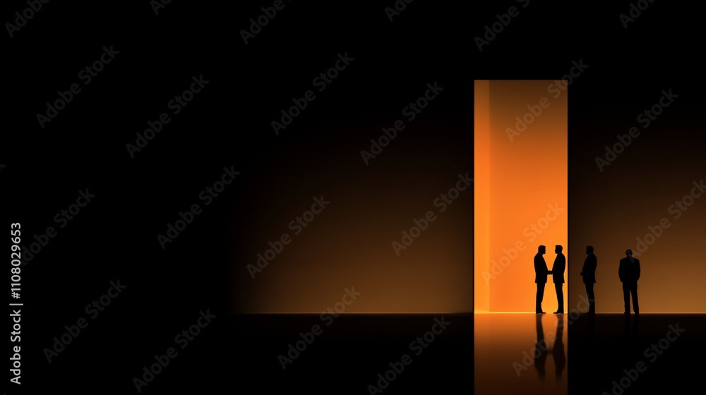 Fototapeta premium Silhouetted businesspeople meeting at glowing doorway.