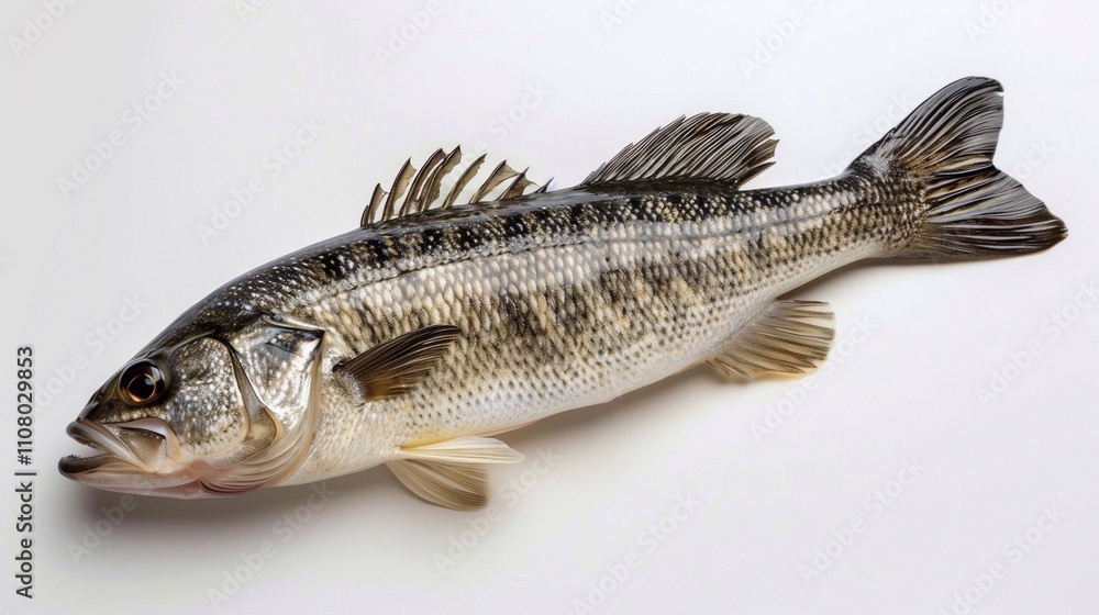 Fototapeta premium A fresh sea bass with slick scales rests on a clean surface, perfect for cooking