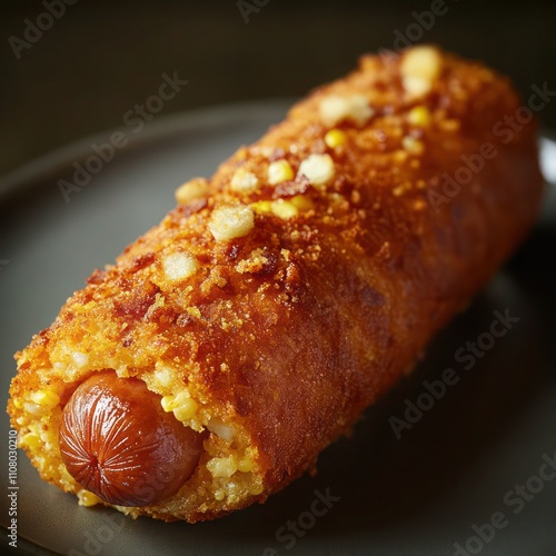 a fastfood classic, a deep fried corndog, crunchy and crispy on the outside, gooey and delicious on the inside photo