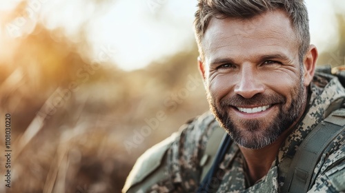 A man in military camouflage gear, with a big smile, is photographed outdoors, suggesting themes of happiness, readiness, and camaraderie amidst nature. photo