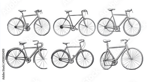 Vintage bicycle collection display urban setting high fidelity illustration millennial gray environment artistic viewpoint