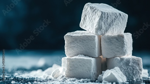 This minimalist image showcases a stack of sugar cubes in stark detail, emphasizing their geometric shape and finely textured surfaces against a dark backdrop. photo