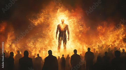 Man stands defiantly before a fiery spectral figure and a crowd. Spectral. Illustration photo