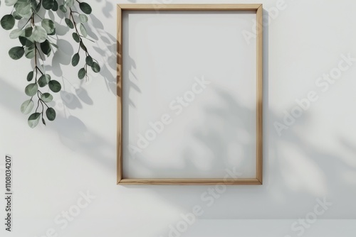Wooden frame mockup on white wall with copy space.