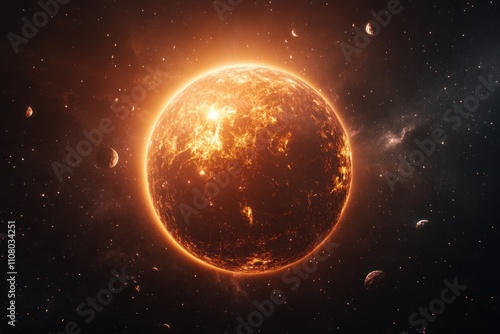 Fiery Planet Surrounded By Space Debris And Stars photo