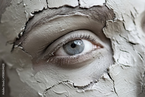 Close-up of clay face green mask with flowers. Beautiful girl.