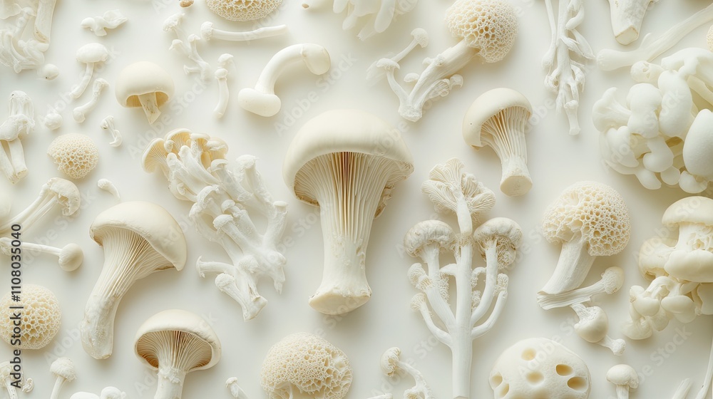 Raw mushroom caps and stems separated and arranged artfully on white. Raw mushroom caps and stems separated and arranged artfully on white.