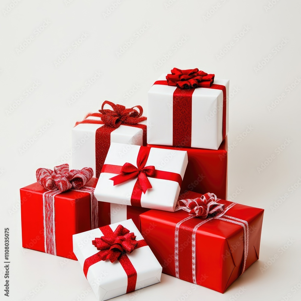 Fototapeta premium A delightful stack of colorful gifts, elegantly wrapped in red and white, adorned with charming bows, evokes the joyous spirit of Christmas and New Year festivities