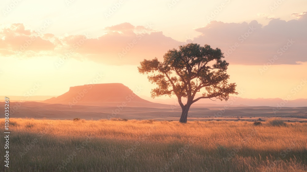 Fototapeta premium Solitary Tree Sunset Prairie Landscape