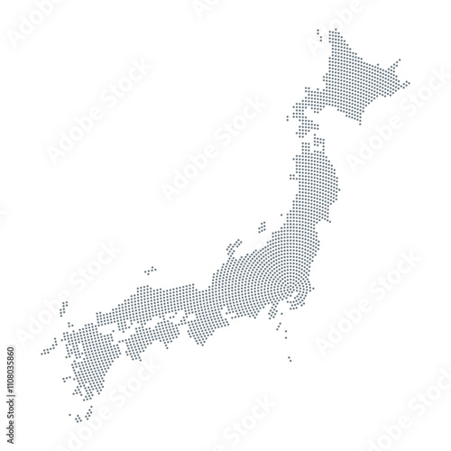 Japan silhouette generated from radially distributed gray dots, emanating from Tokyo Capital Region, showing the Japanese mainland and the four largest islands Honshu, Hokkaido, Honshu and Shikoku.