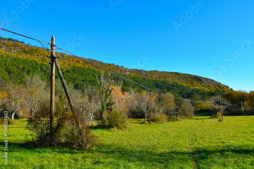 Power line on a green field with a forest covered hills above in Istria, Primorska, Slovenia in autumn photo