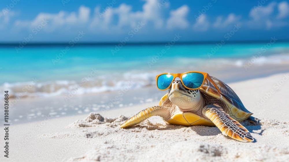 Obraz premium Sea Turtle Relaxing at Tropical Beach with Sunglasses on Sand