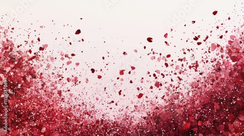 Abstract background of red rose petals floating and scattering on white.