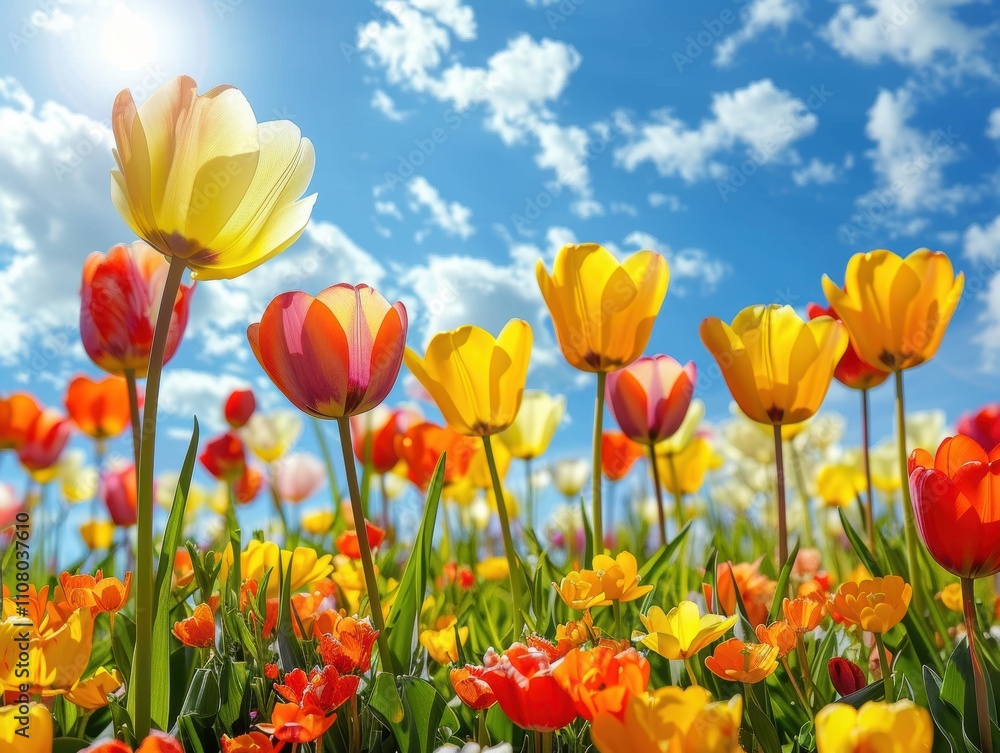 Obraz premium A vibrant field of colorful tulips under a bright blue sky.