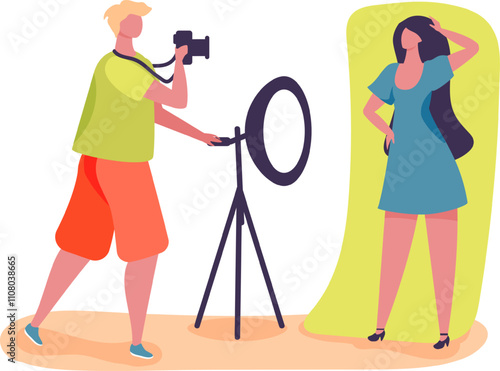 Photographer taking pictures of model posing in a studio setting with a ring light, capturing stylish and professional images for fashion or portfolio purposes