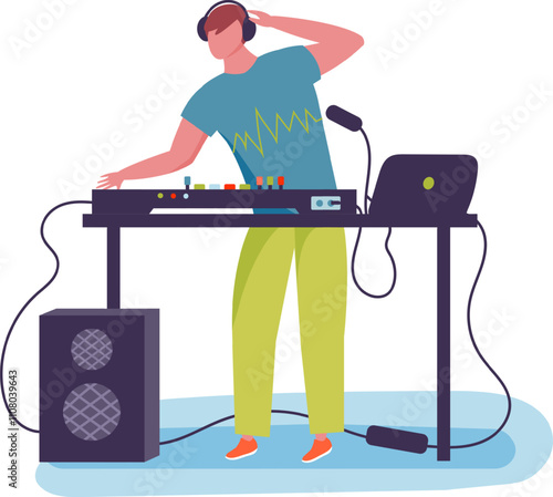 Male dj passionately plays music on a mixing console and laptop, creating an energetic atmosphere at a lively party.