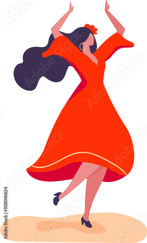 Young woman with long dark hair dances flamenco in a vibrant red dress, showcasing the energy and passion of this traditional spanish art form