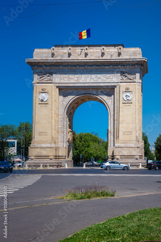 Historical monument in Bucharest, Romania. Arch of Triumph representing the victory of Romanian soldiers who managed to liberate the capital in the second world war. 