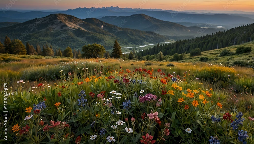 Fototapeta premium Mountain view with wildflowers in the foreground.