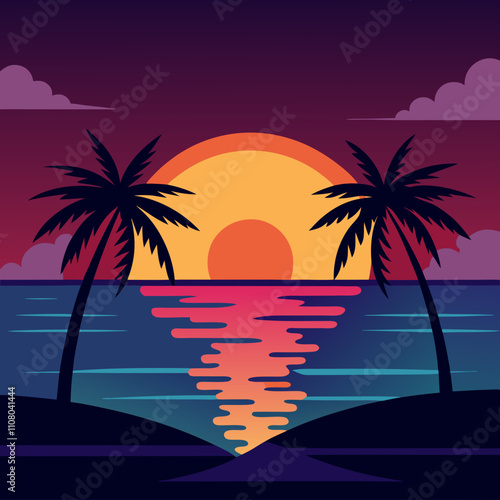 Sunset over a calm ocean with palm trees