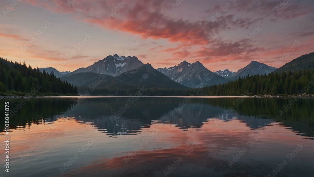Fototapeta premium Mountainous landscape with serene lake and pink sky at dawn.
