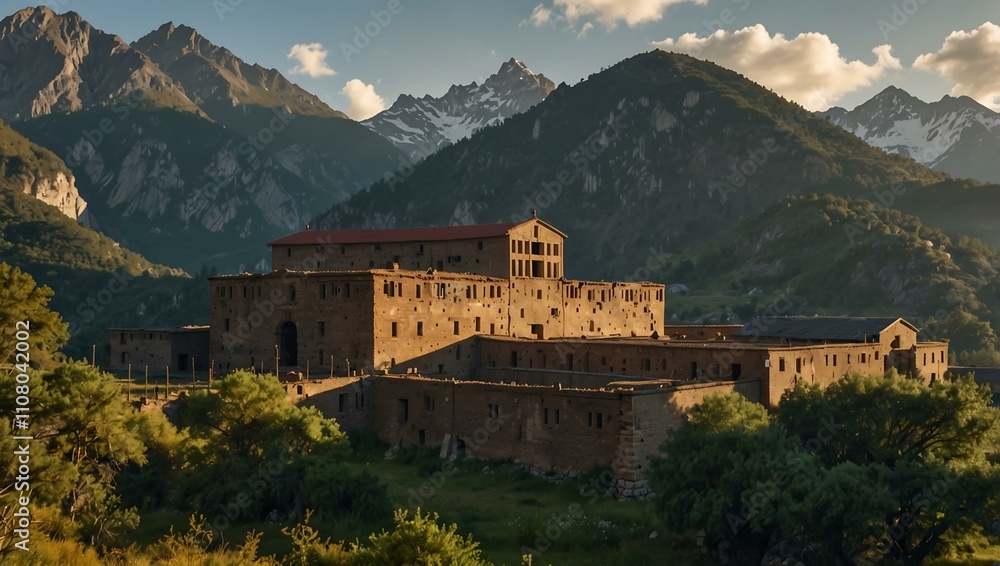 Obraz premium Mountainous scene with an ancient warehouse in the foreground.
