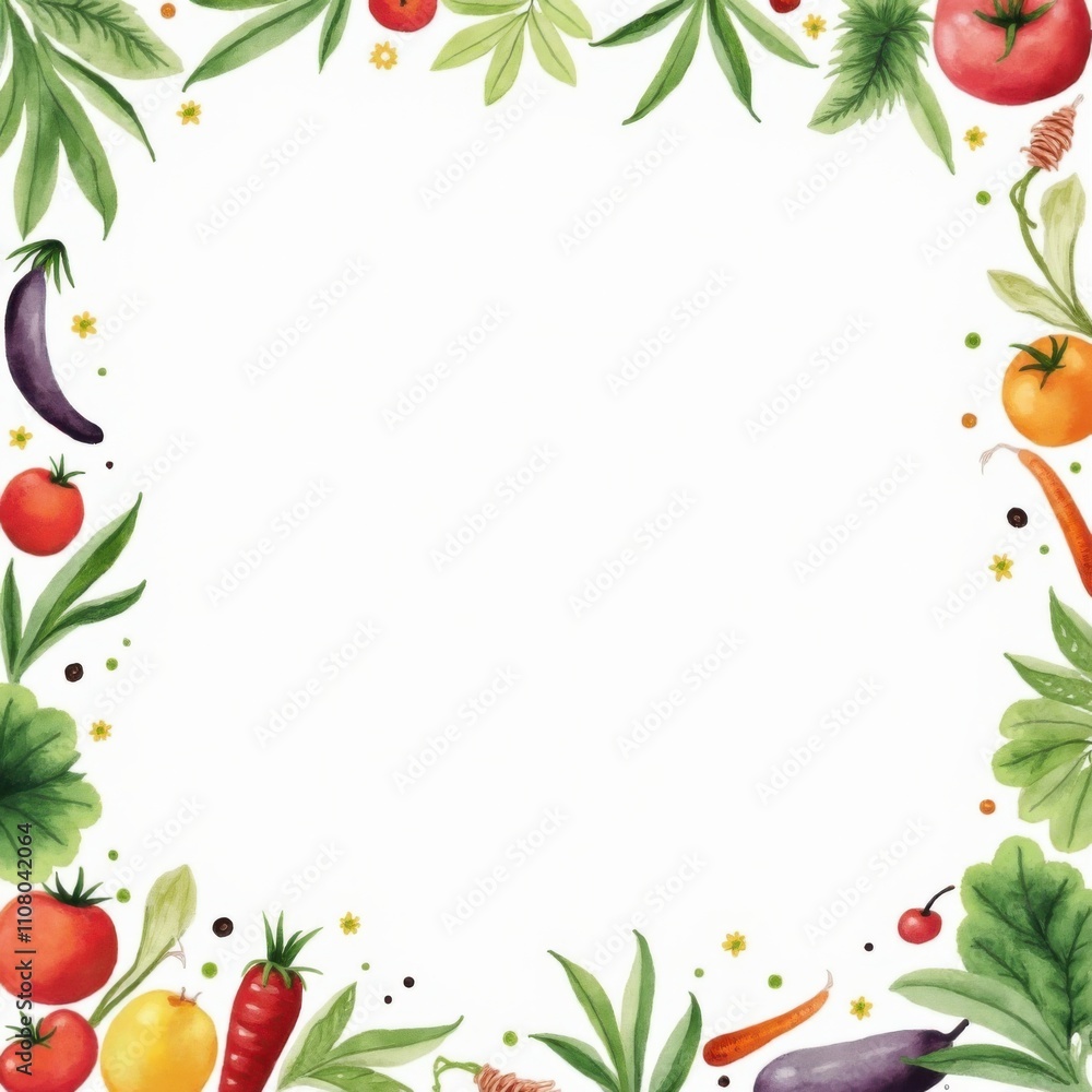 Fototapeta premium Watercolor vegetable border with organic food. Fresh garden farm veggies frame for market