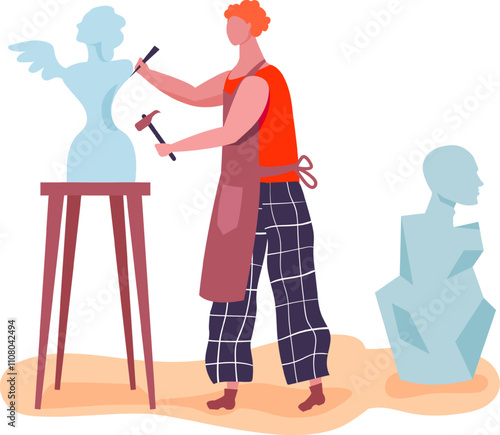 Sculptor wearing apron using hammer and chisel carving angel statue from block of stone in art studio, demonstrating artistic skill and craftsmanship