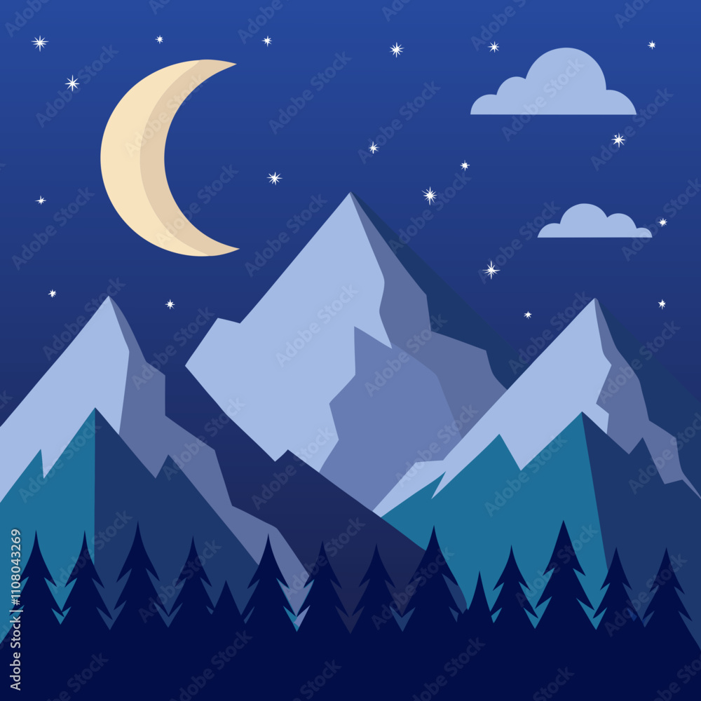 Obraz premium Mountains, starry sky, crescent moon