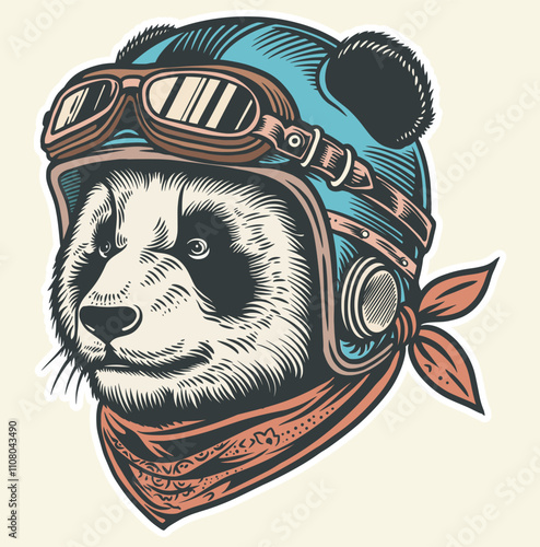 Art & Illustration panda with helmet pilot flight color drawing vector