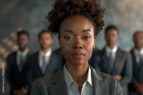 Portrait of a confident black businesswoman with all african american team in the background photo