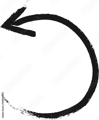 Black circular arrow drawn with a rough brush stroke symbolizes continuous motion and direction, perfect for design projects