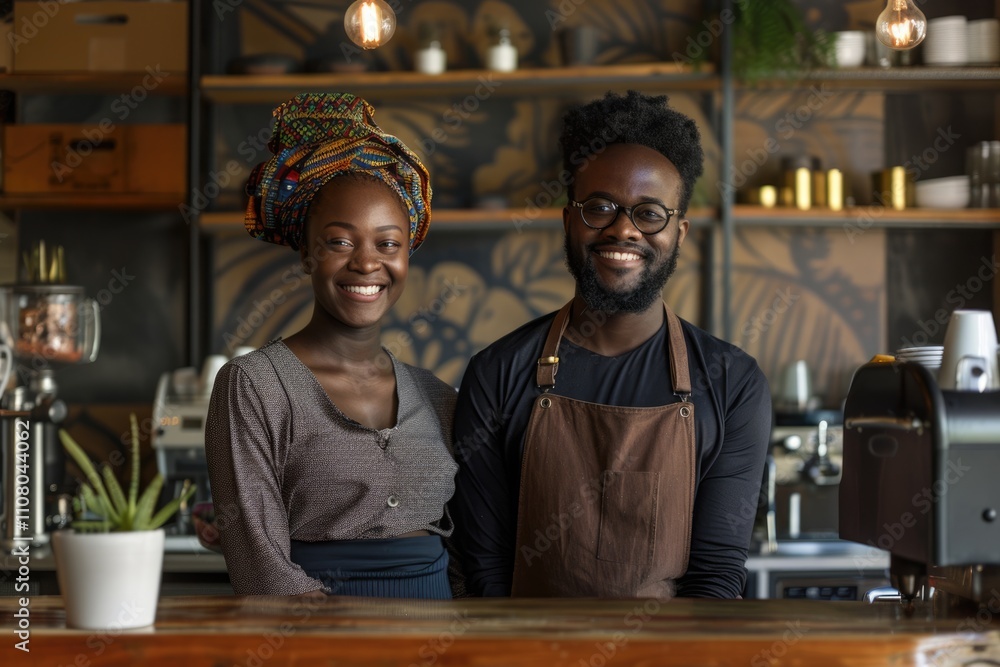 Obraz premium Two young African entrepreneurs at trendy cafe.