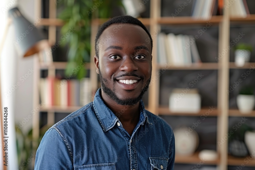 Obraz premium Happy young African American man poses for headshot at home office.