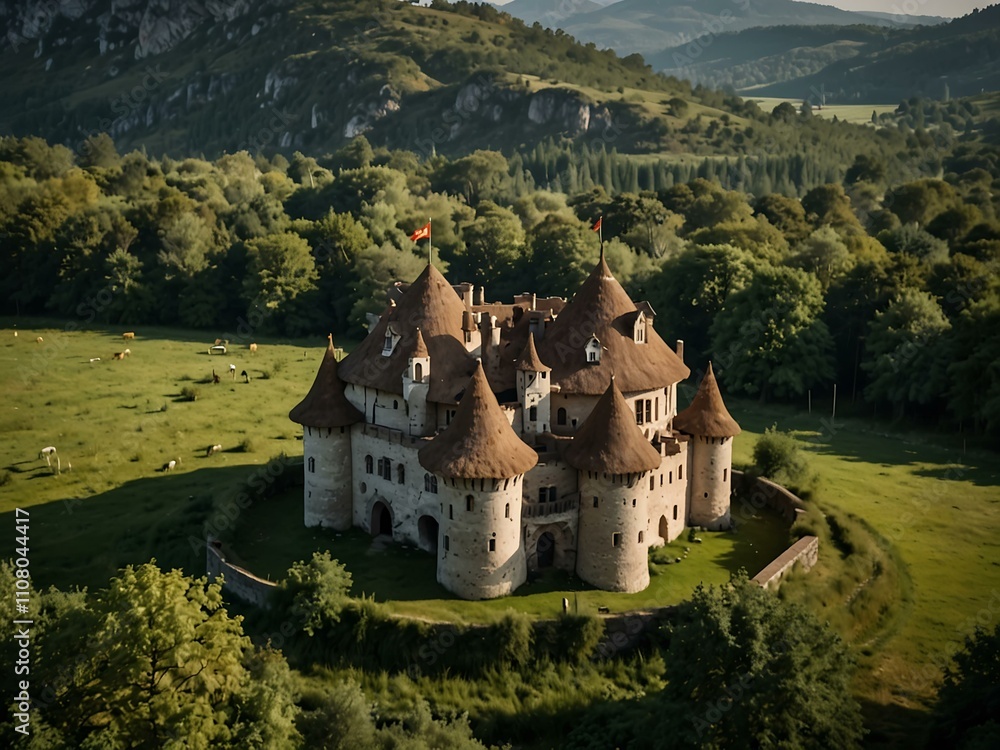 Fototapeta premium Mushroom-shaped medieval castle with stunning landscape views.