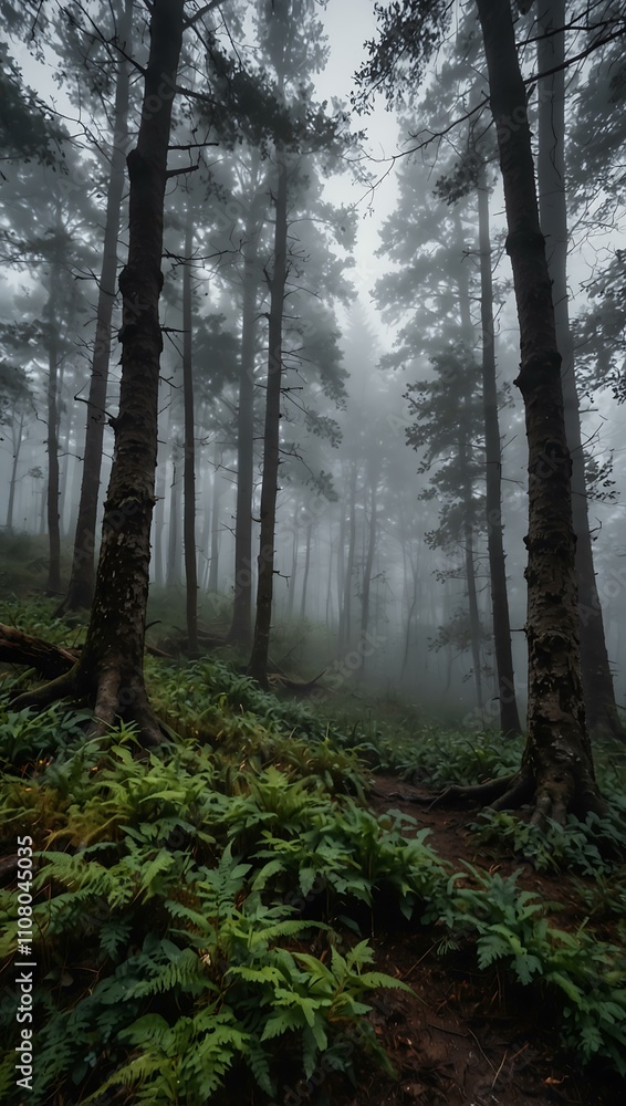 Obraz premium Mysterious foggy forest landscape.