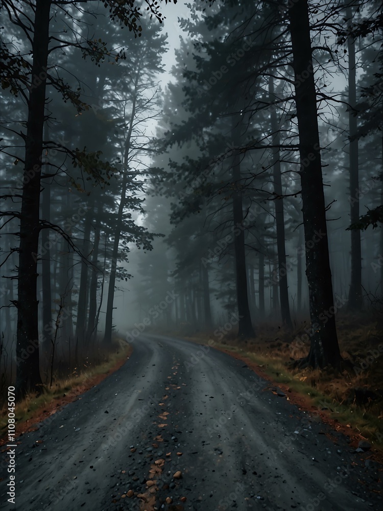 Fototapeta premium Mysterious forest road with thick fog and headlights.