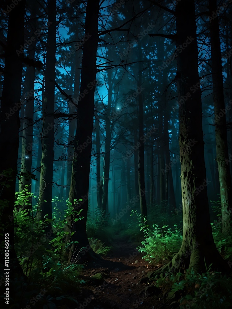 Obraz premium Mysterious glowing forest at night.