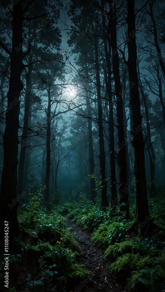 Obraz premium Mysterious moonlit forest, magical and hidden.