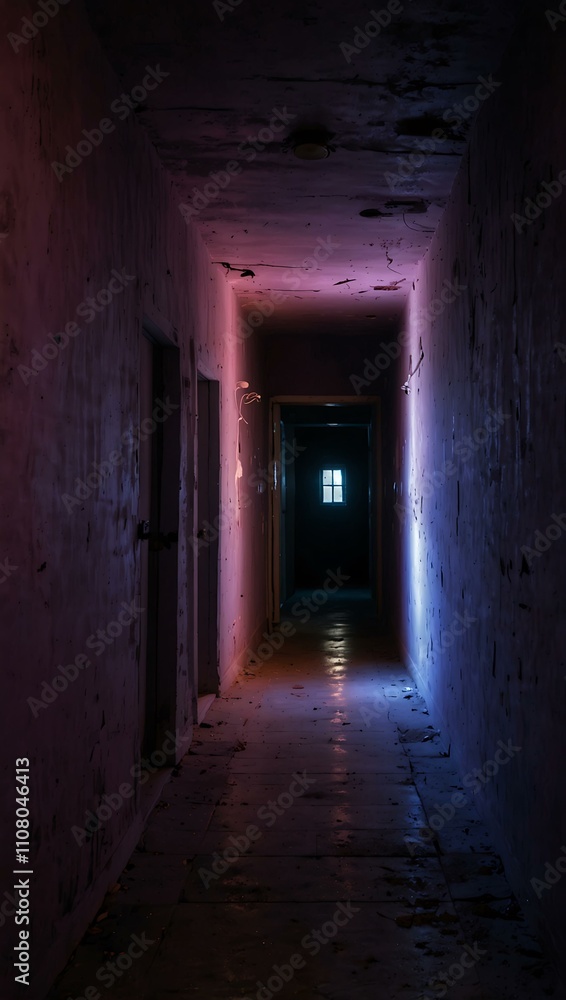 Mystical corridor illuminated by violet light, full of mystery. Mystical corridor illuminated by violet light, full of mystery.