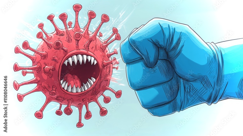 Medical professionals combatting viruses in a dynamic cartoon style illustration