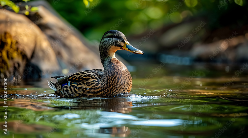 Fototapeta premium A closeup of a beautiful female mallard duck on a wild pond
